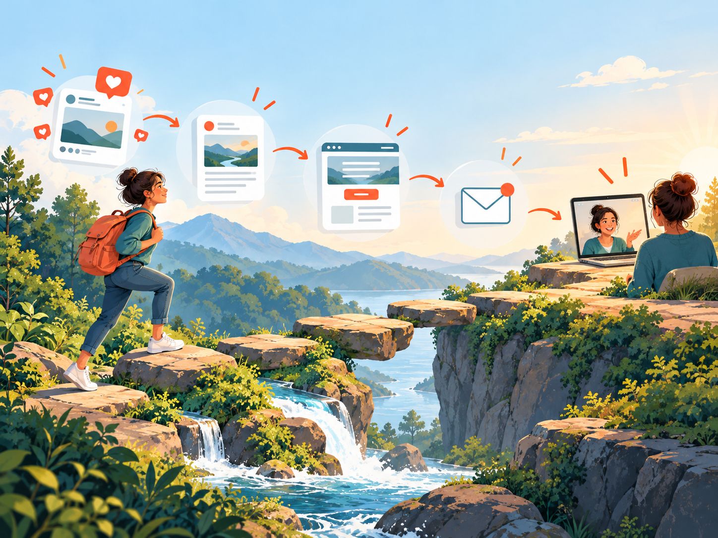 Illustrated customer journey showing how coaches can guide potential clients from social media content through a blog and website to an enquiry and discovery call.