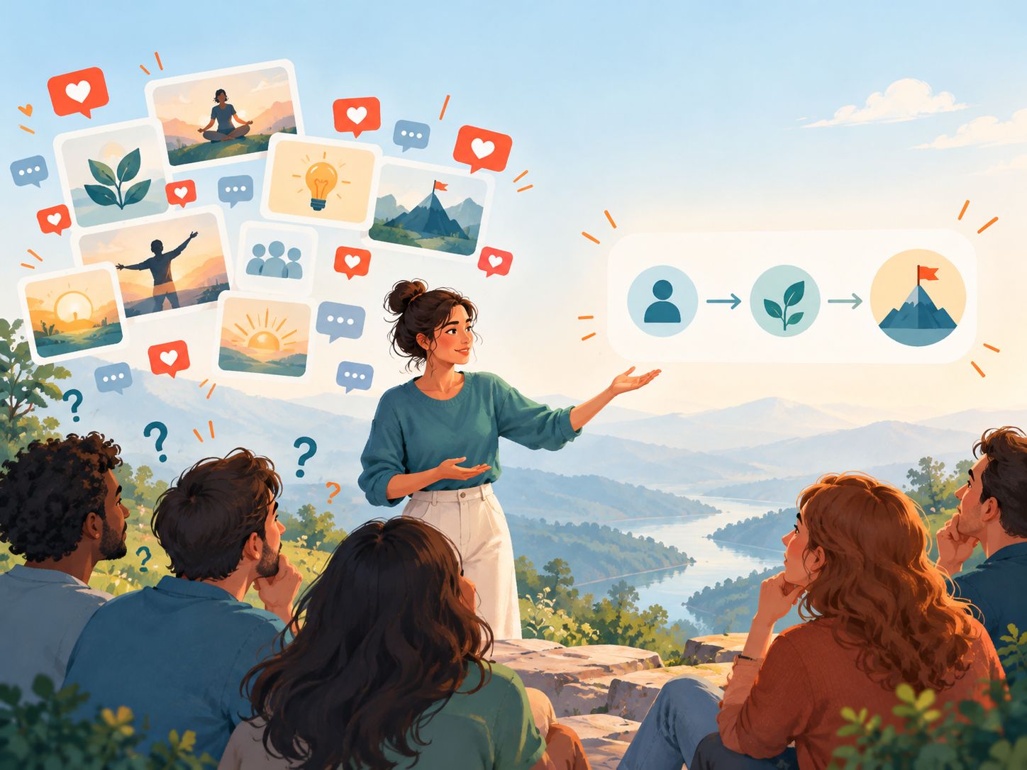 Coach explaining how broad motivational content attracts social media engagement while clearer messaging helps potential clients understand an offer