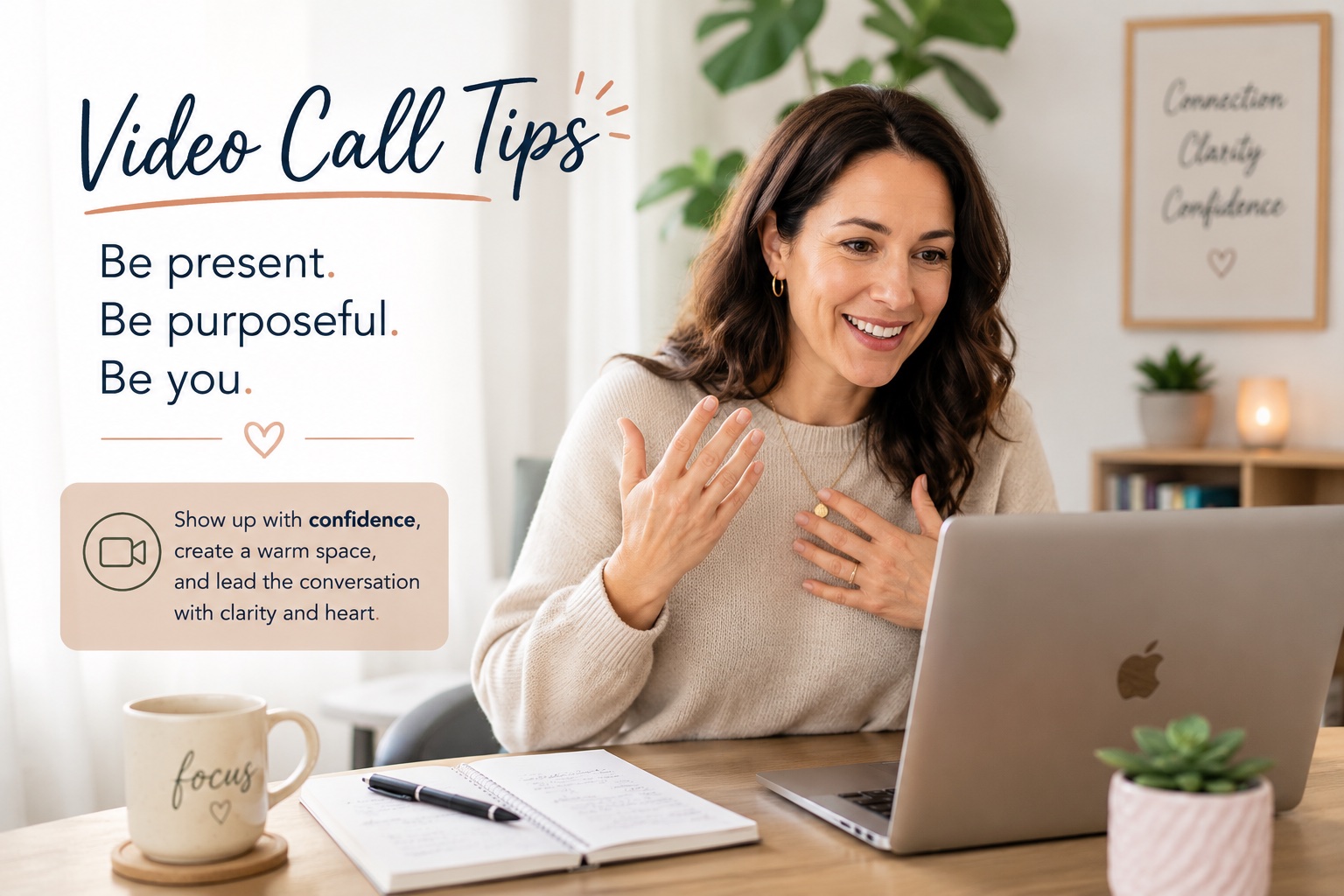 Coach speaking confidently on a video call with advice to be present, purposeful and authentic