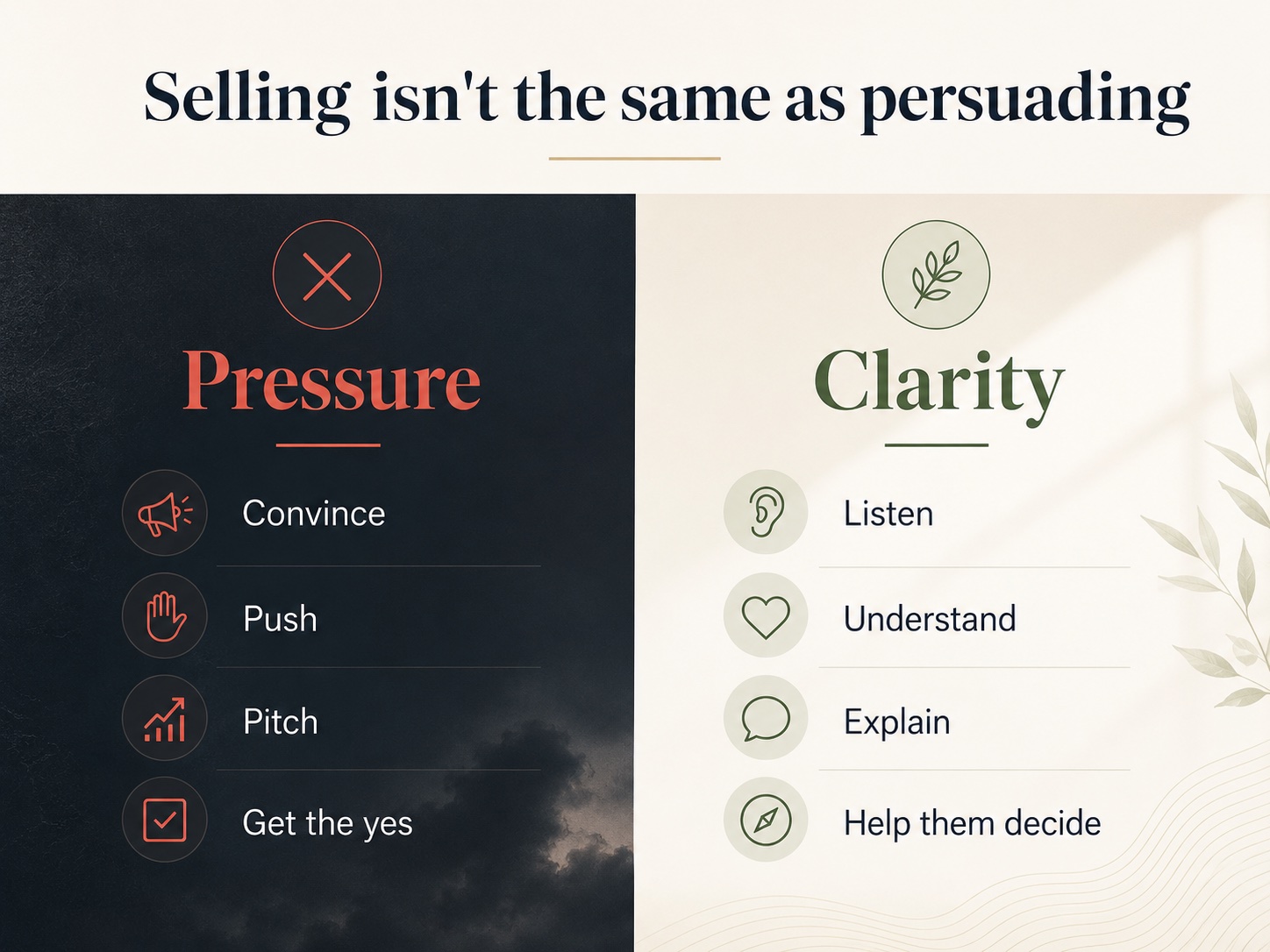 coaching-sales-pressure-vs-clarity Difference between pushy coaching sales and a clear helpful sales conversation